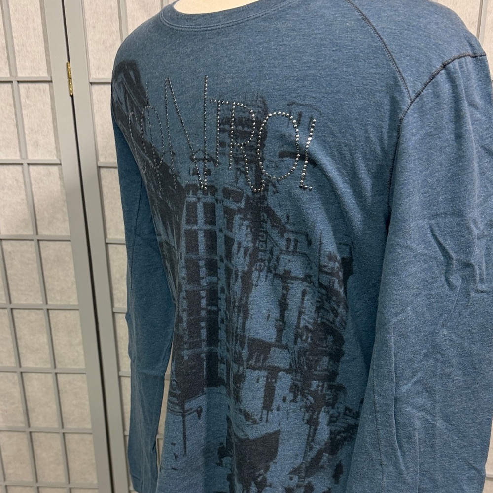 Tristan Navy Blue Long-Sleeve Graphic Tee with Stud Accents - Picture 2 of 7